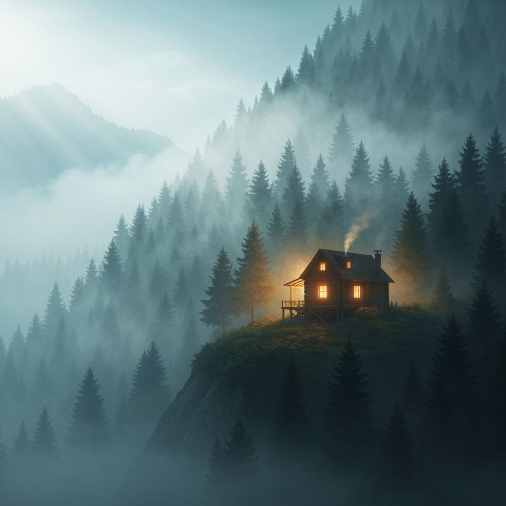 Cozy Cabin in Foggy Forest Digital Matte Painting
