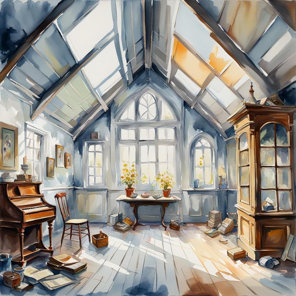 Haunted Victorian Attic in Gouache Style