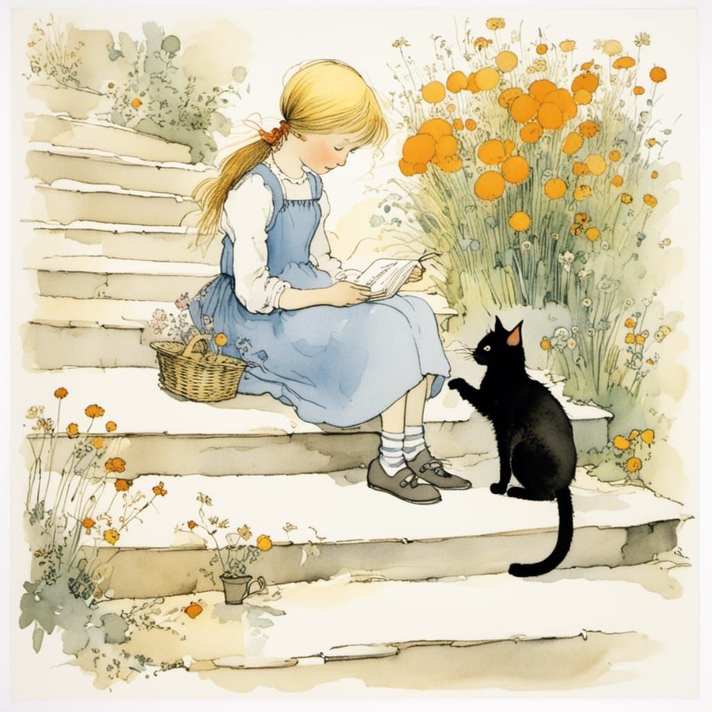 Girl with Black Cat, Illustrative Style