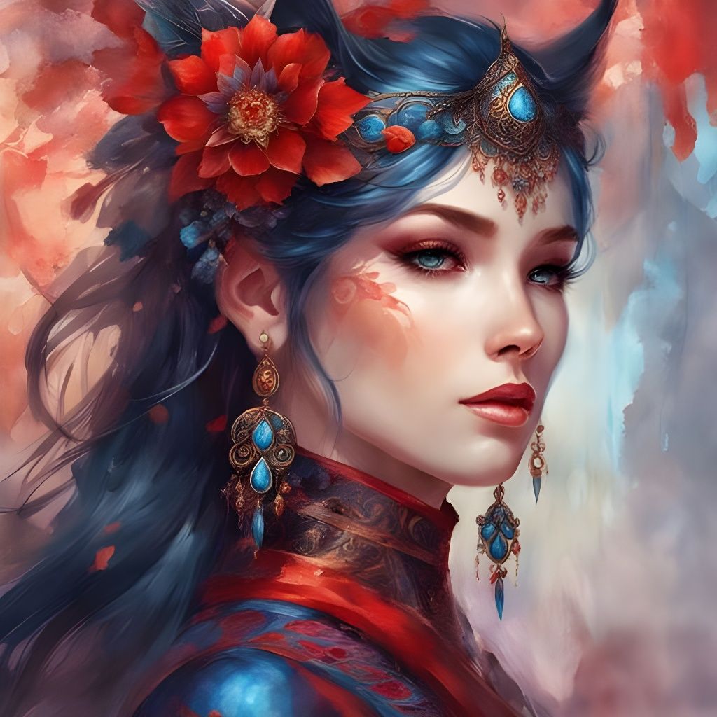 Beautiful Feline Woman Portrait in Watercolor Splash Art