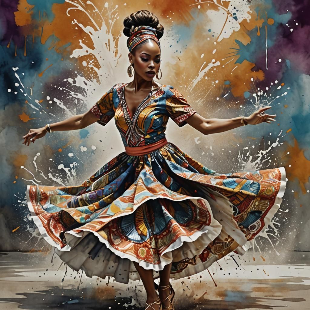 Ankara Dancer: Dynamic Mid-Spin Portrait in Watercolor Schem...