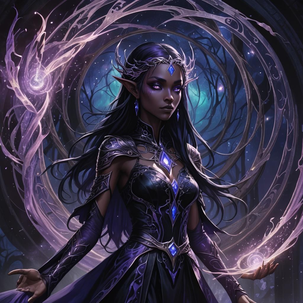 Dark Elf Sorceress in Mystical Anime Art