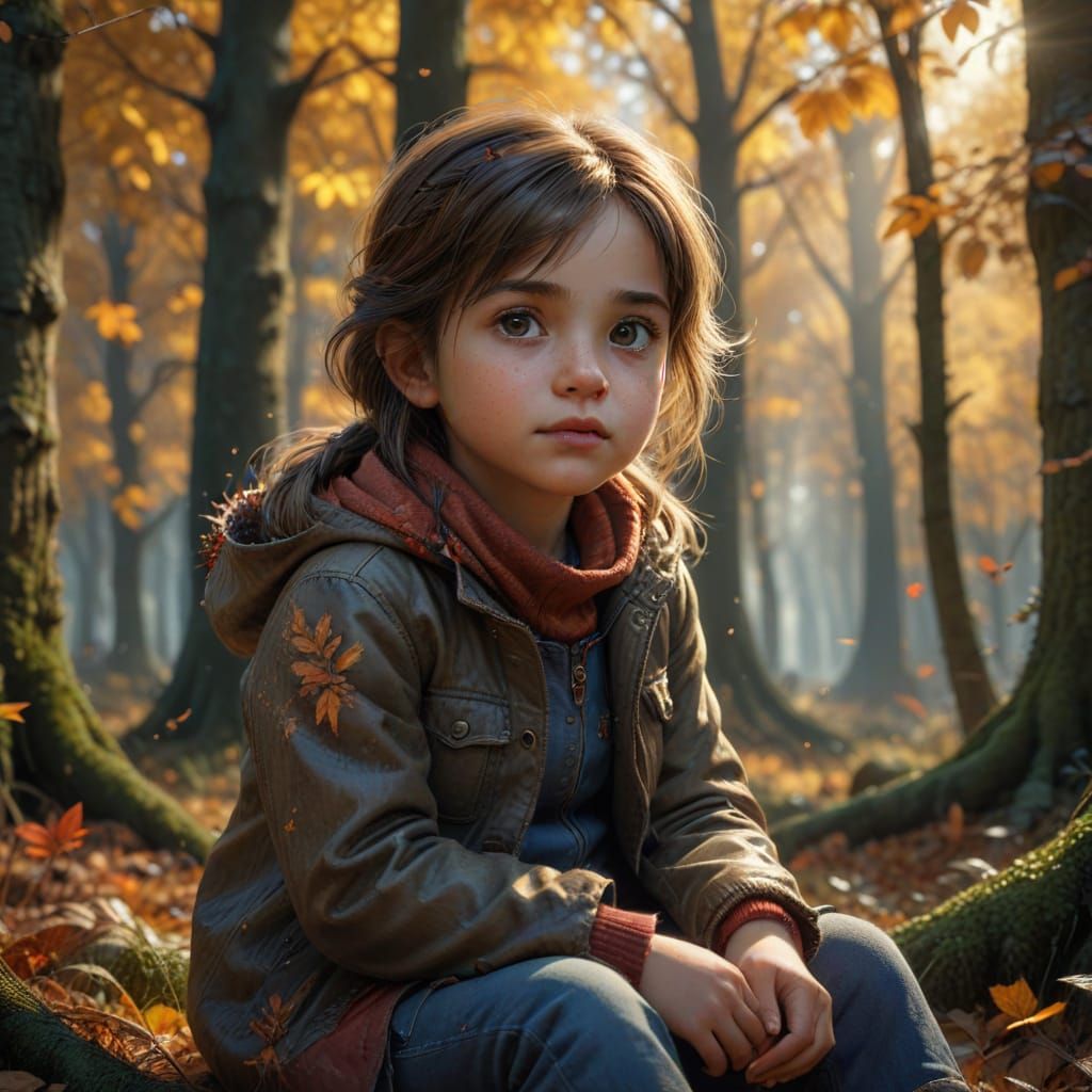 Photorealistic Little Girl in Autumn Forest