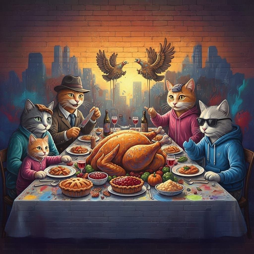 Cats Feast at Thanksgiving Table in Graffiti Art Style