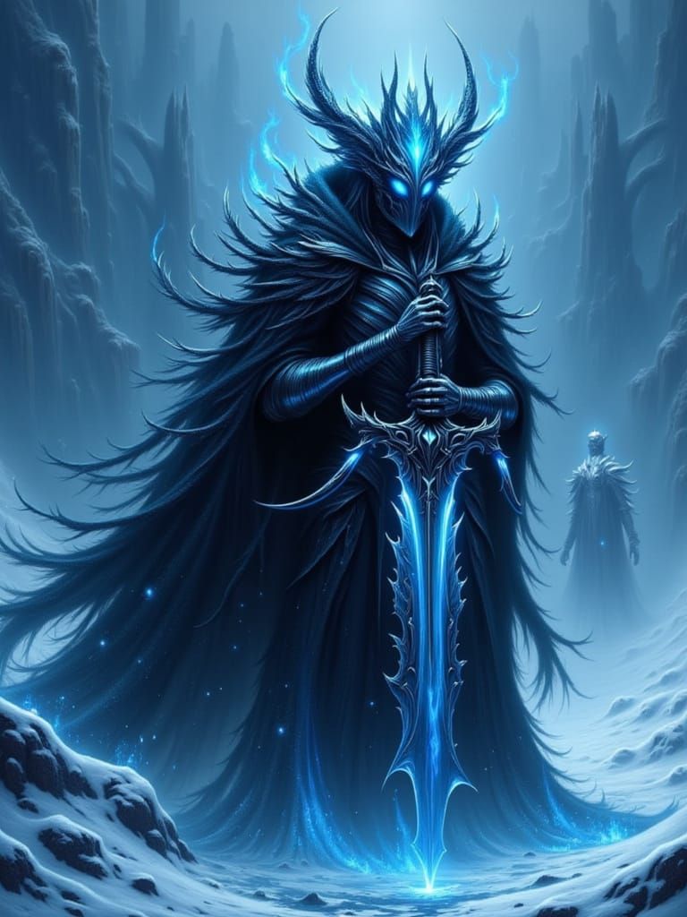 Gothic Wraith with Icy Sword Before Iron Throne