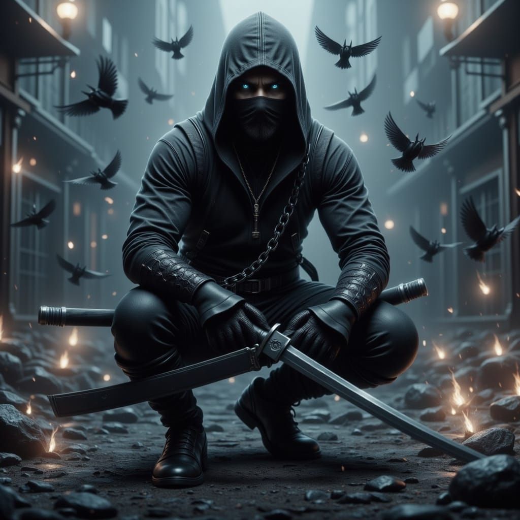 Stealthy Figure Wielding Weapons in Dark Futurism Style