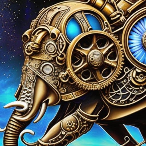 Steampunk Engine Elephant Masterpiece in Detailed Painting S...