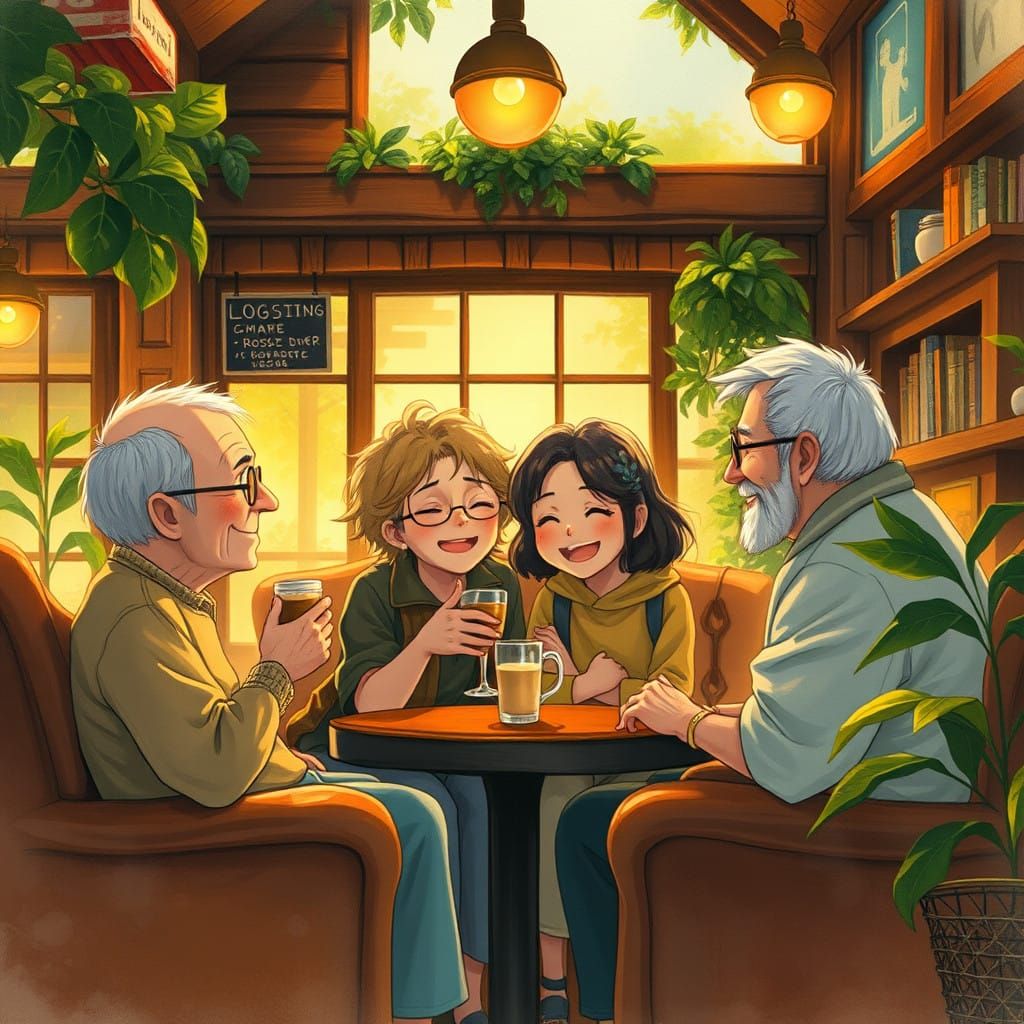 Rustic Coffee Shop Reunion Scene in Vibrant Watercolor Style