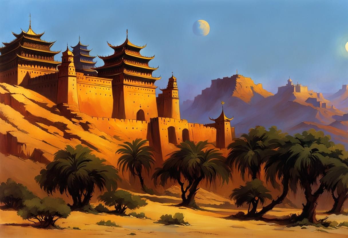 Desert Citadel Sunset in Frazetta Style