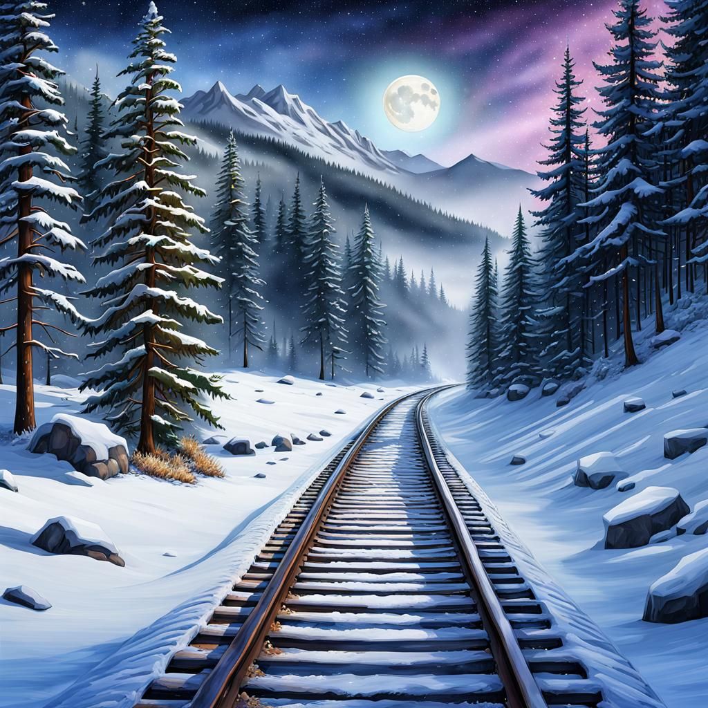 Winter Train Tracks Under Starry Moonlit Sky