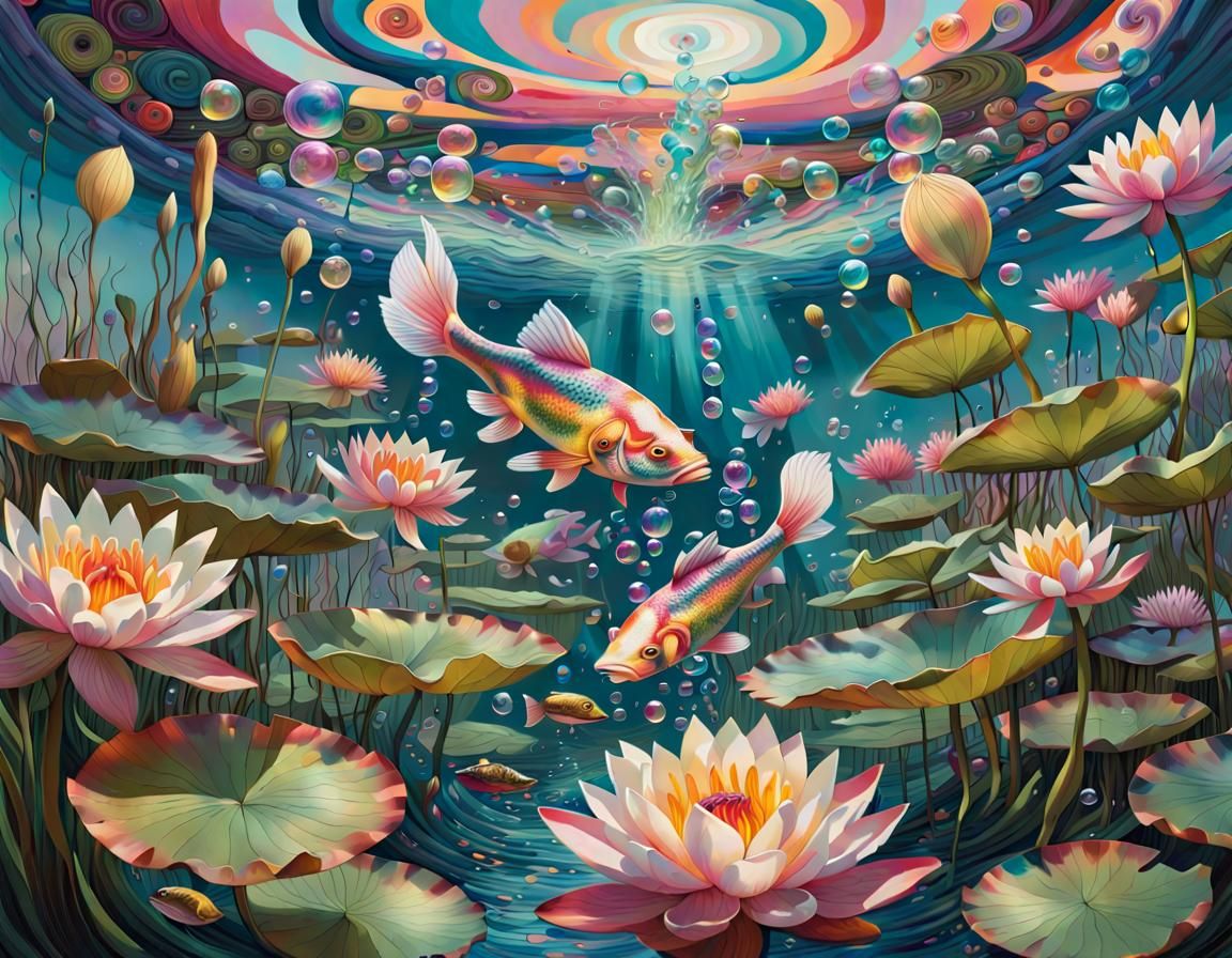 Colorful Lagoon with Leaping Fish Under Swirling Sky