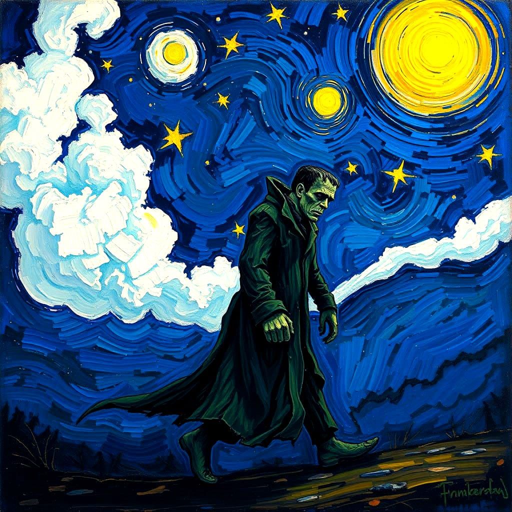 Frankenstein's Midnight Stroll in Neo-Impressionist Style