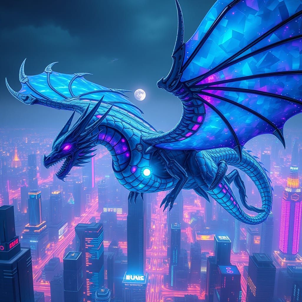Cyberpunk Biomechanical Dragon Soars Through Futuristic City...