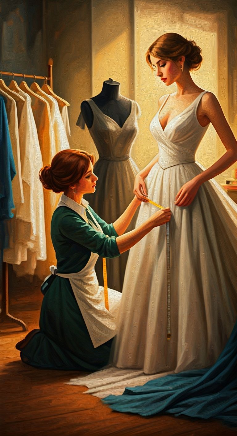 Seamstress Measures Model for Elegant Dress in Oil Painting ...