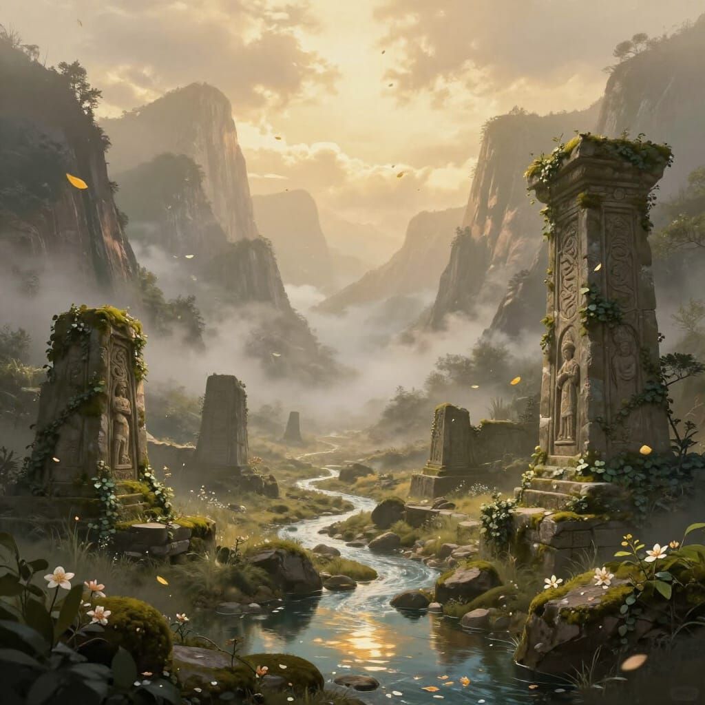 Secluded Valley of Ancient Ruins in Ethereal Fantasy Style