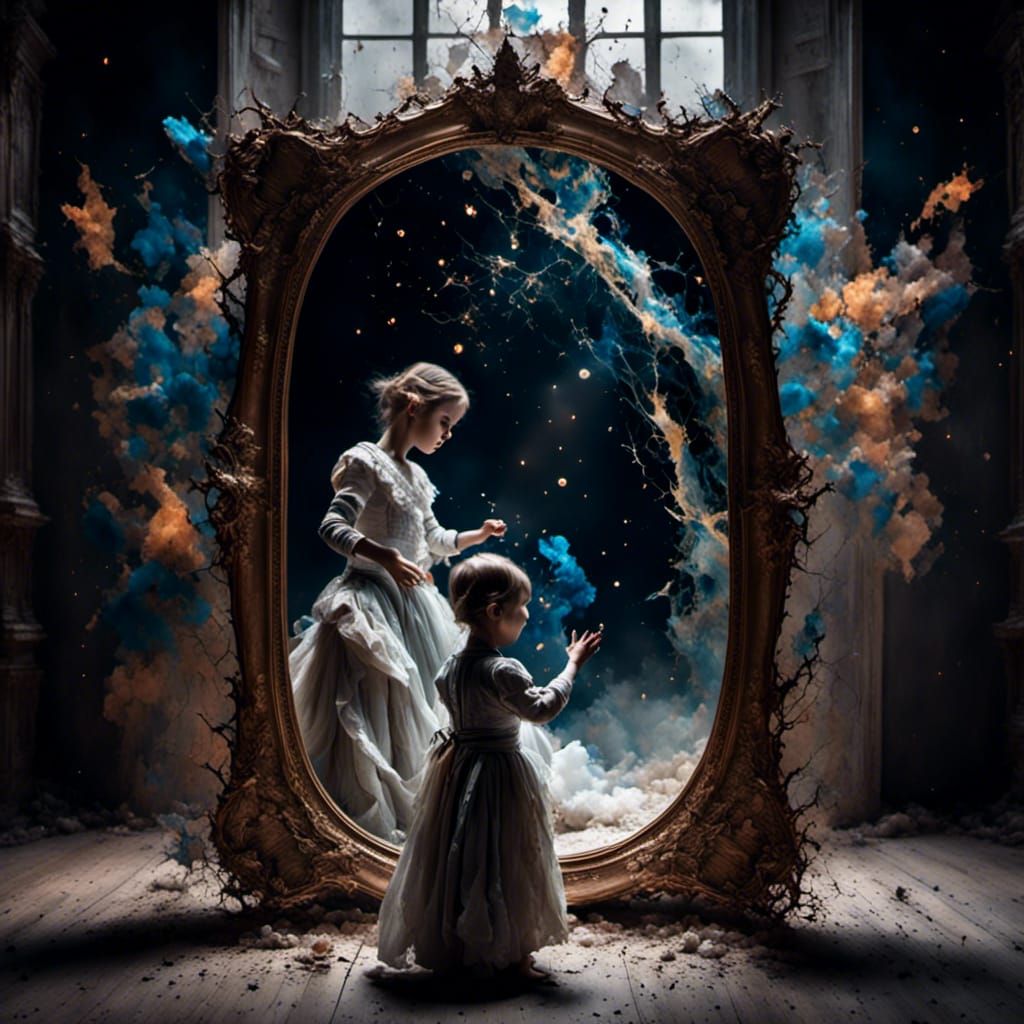 Surreal Mirror Scene with Mother, Child, and Men
