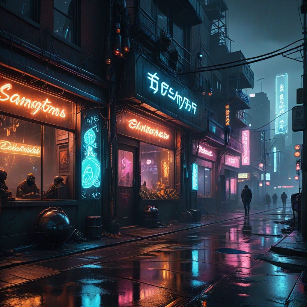 Cyberpunk Christmas Street Scene with Neon Lights