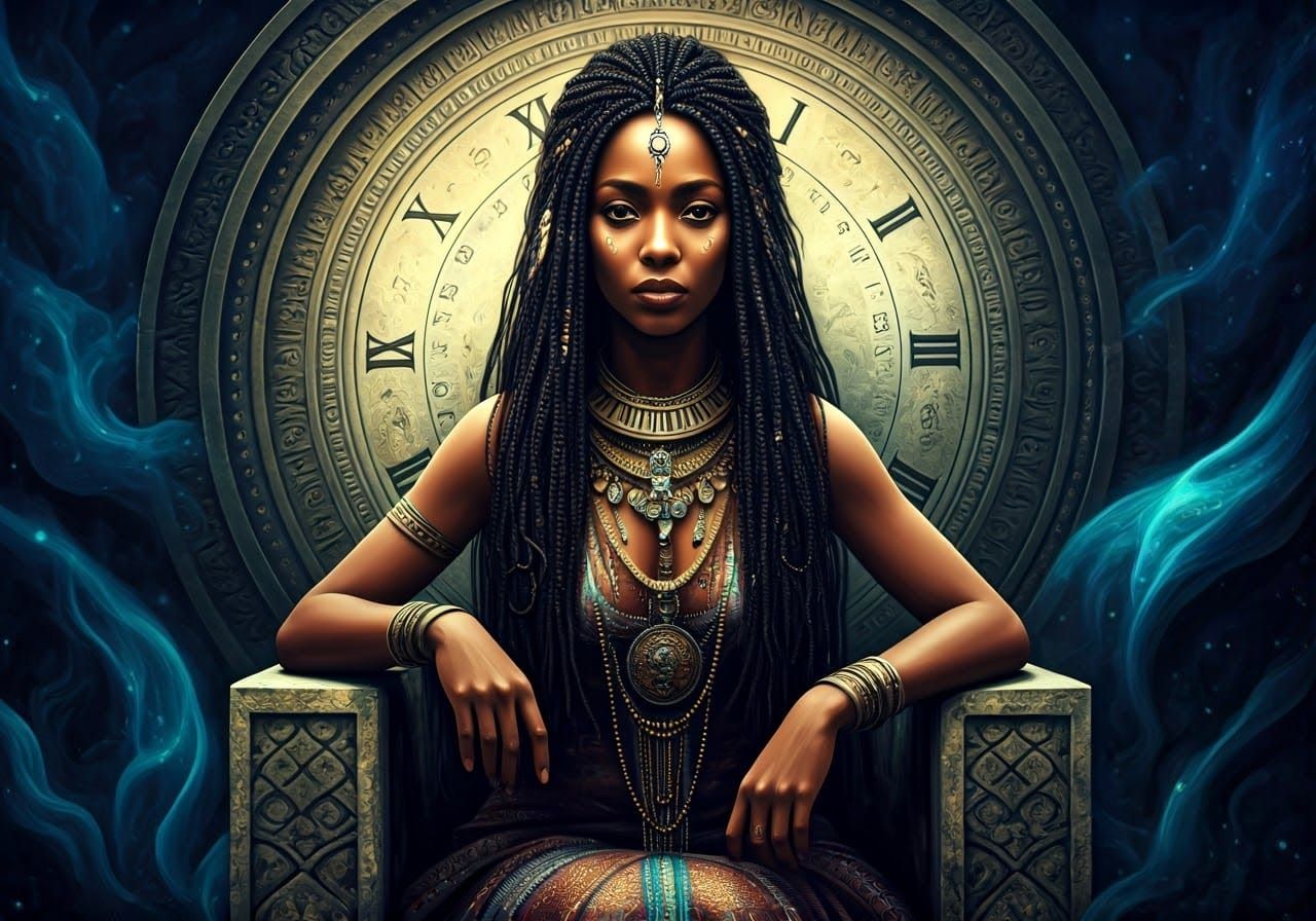 Regal Woman on Ancient Throne with Mystical Aura