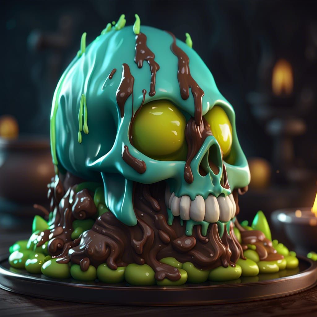 Gelatinous Chocolate Skull-Cake in 3D Cinematic Style