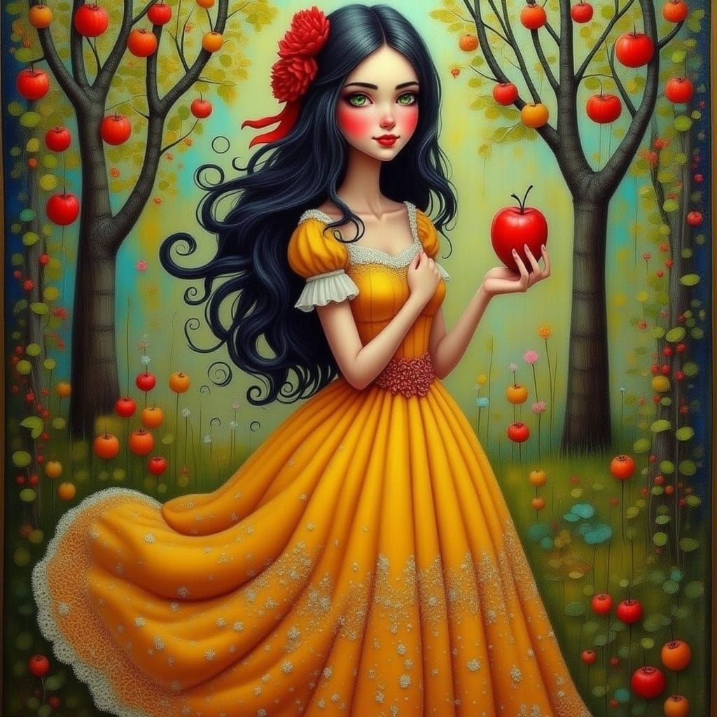 Snow White in Orchard, Art Nouveau Illustration