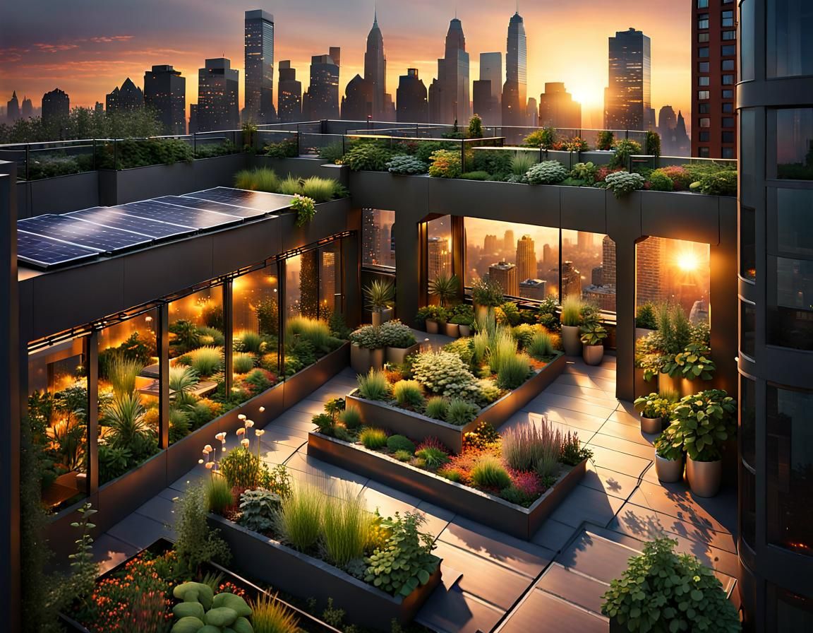Rooftop Garden Oasis with Dinosaurs at Sunset