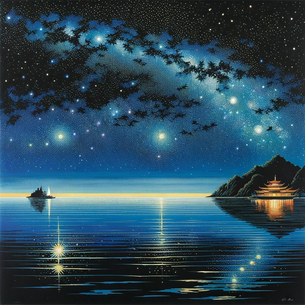 Starry Ocean Reflection in Sci-Fi Illustration Style