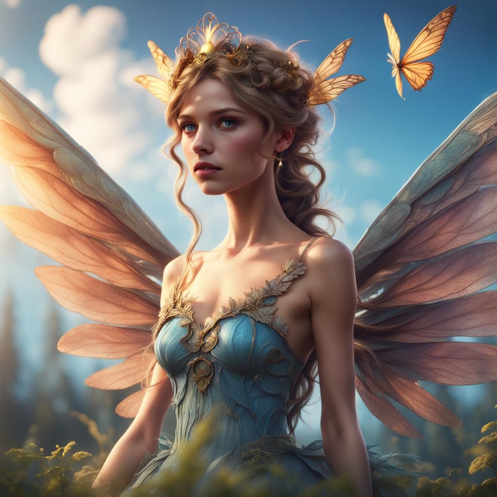 Summer Fairy with Sky Dress, Detailed Fantasy Art