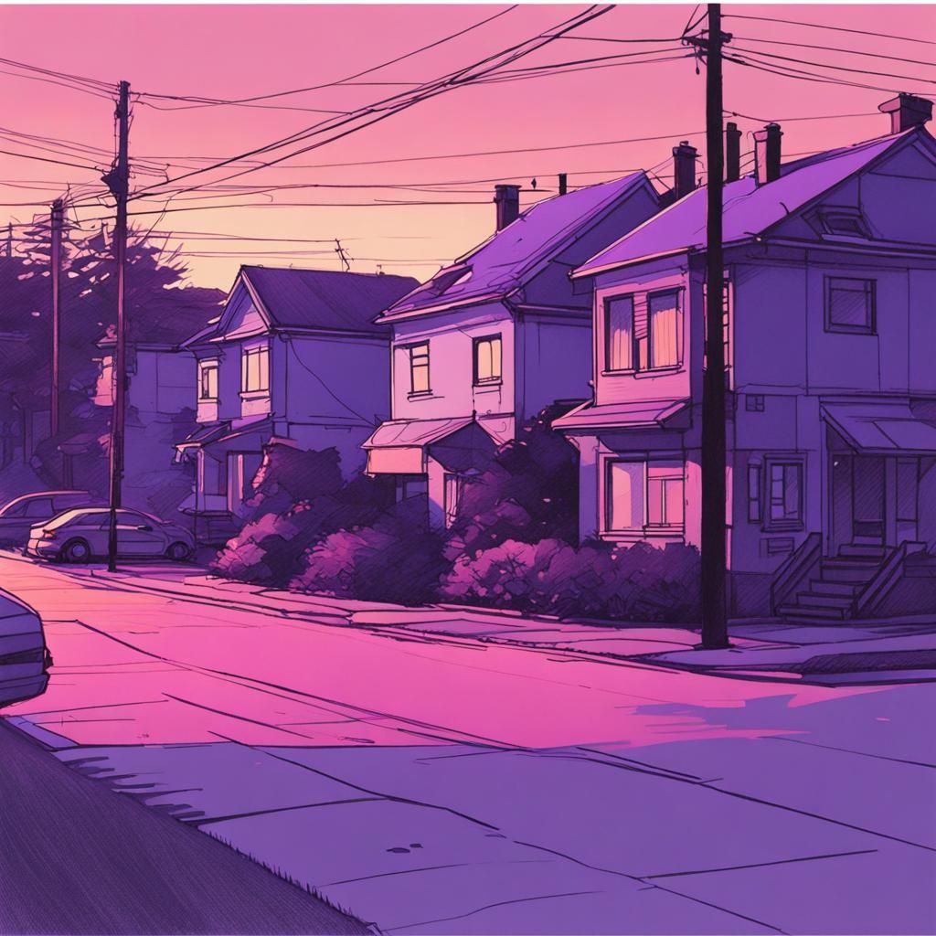 Minimalist Suburb Sunset in Urban Sketch Style