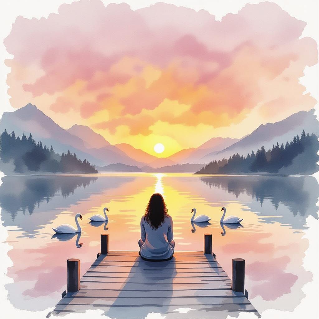 Woman Meditating on Pier at Sunrise in Watercolor Style