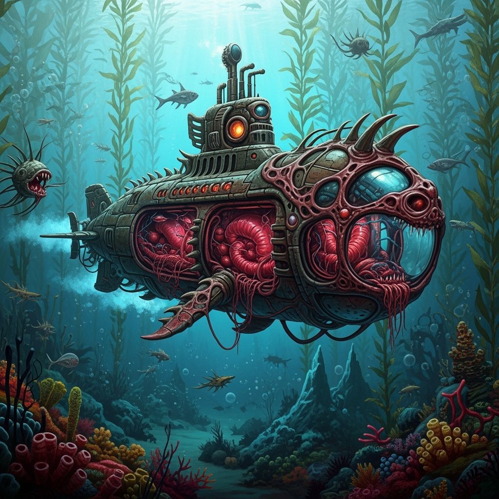Gorepunk Submarine Glides Through Bioluminescent Kelp Forest