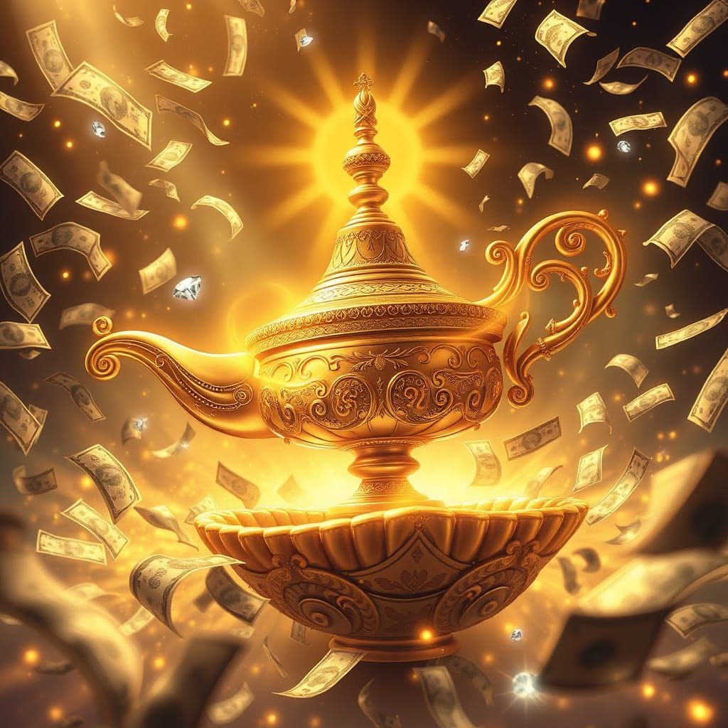 Golden Genie of Abundance in Mid-Air, Radiating Prosperity a...