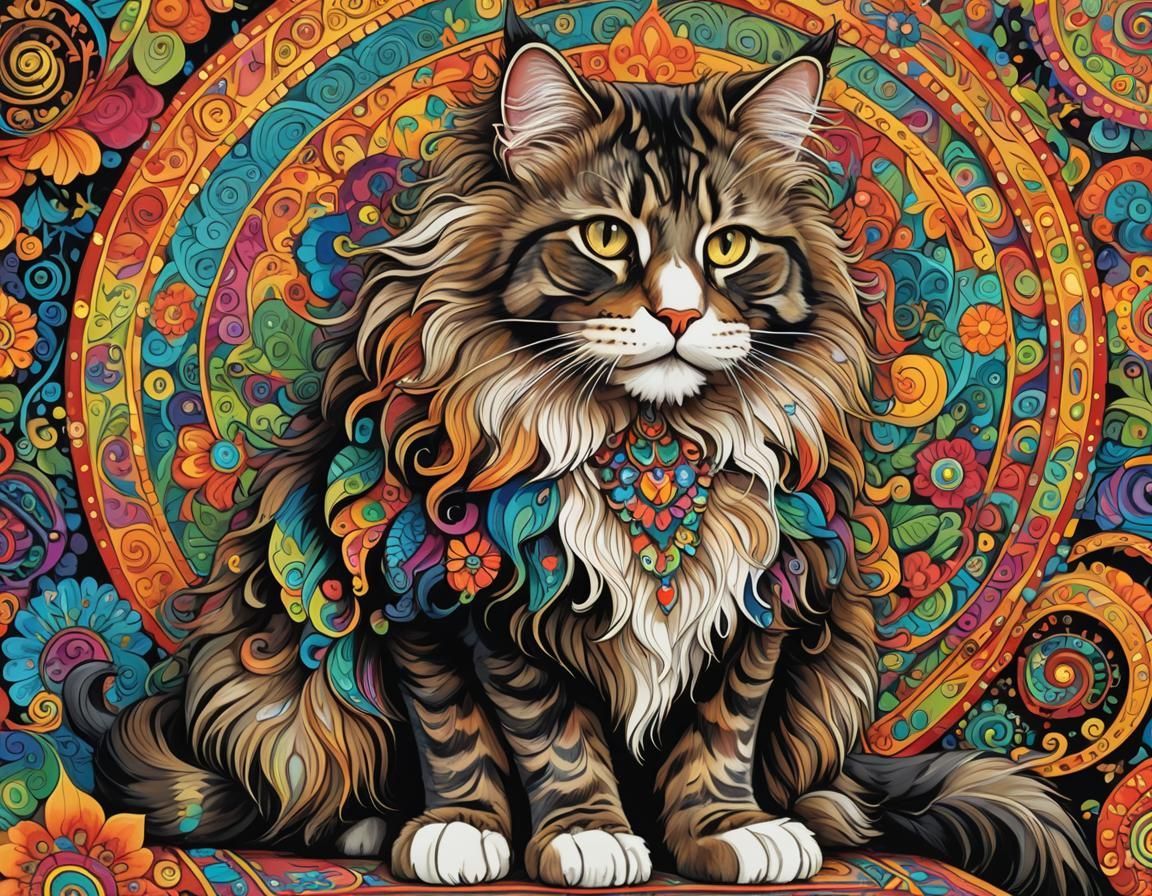 Norwegian Forest Cat on Vibrant Gypsy Wagon