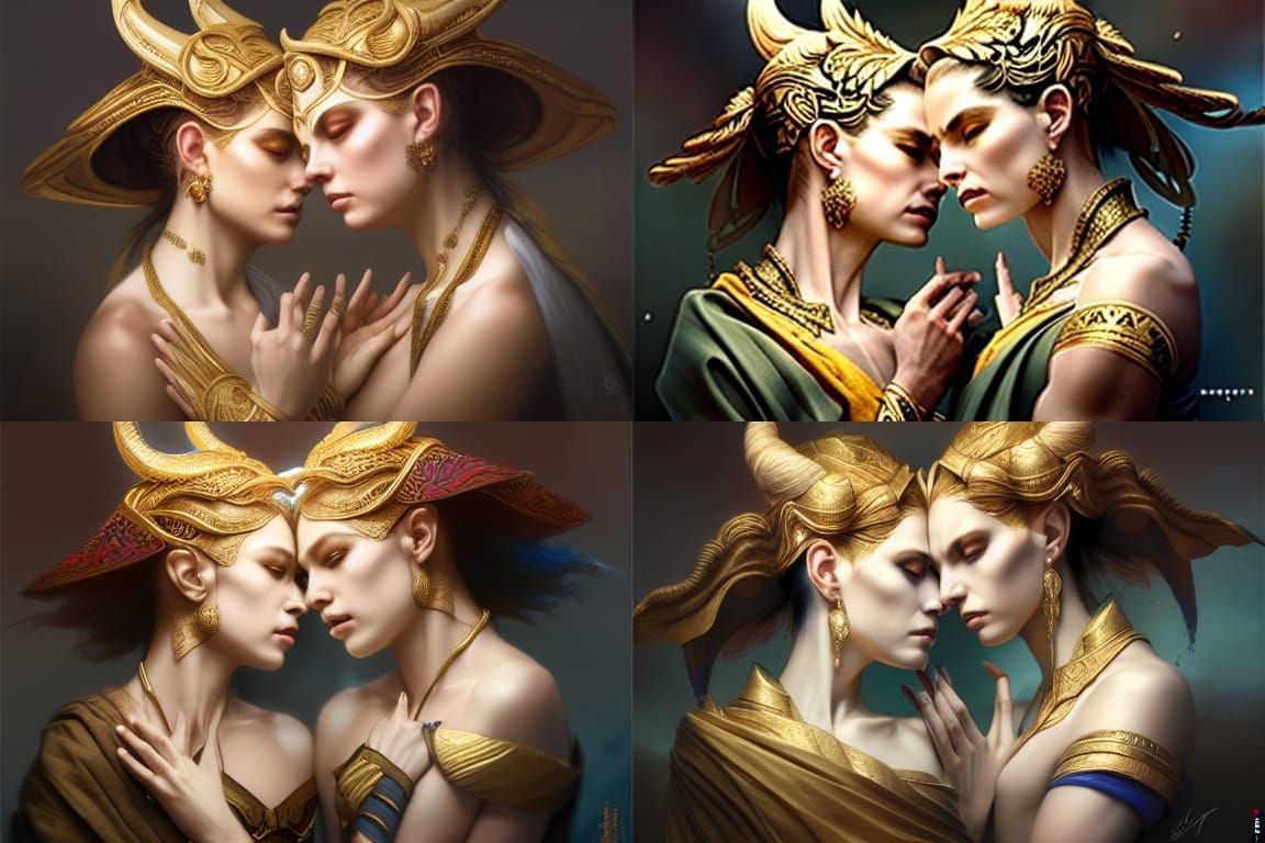Twin Goddesses in Hyperrealistic Art Nouveau Style