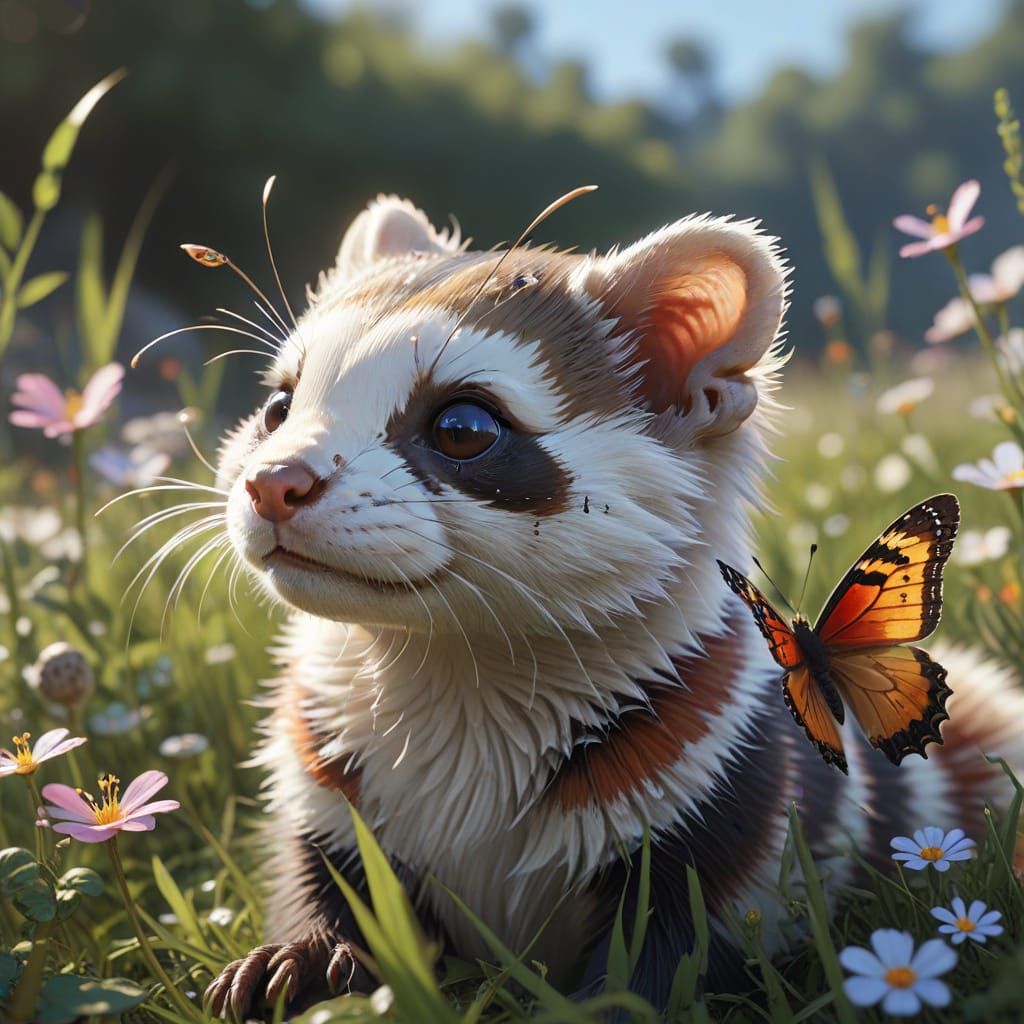 Vibrant Anime Ferret in Whimsical Meadow Scene