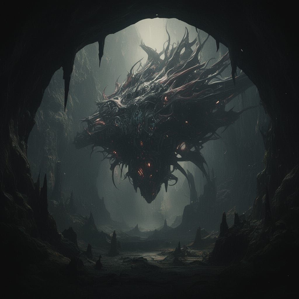 Colossal Spaceship Descends into Alien Cavern