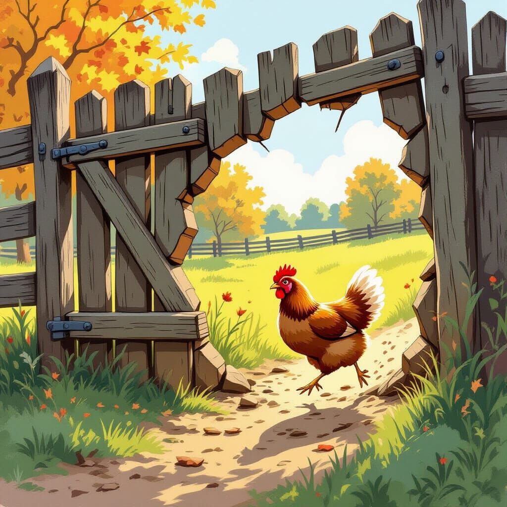 Fluffy Chicken Escapes Rustic Farm Through Broken Gate