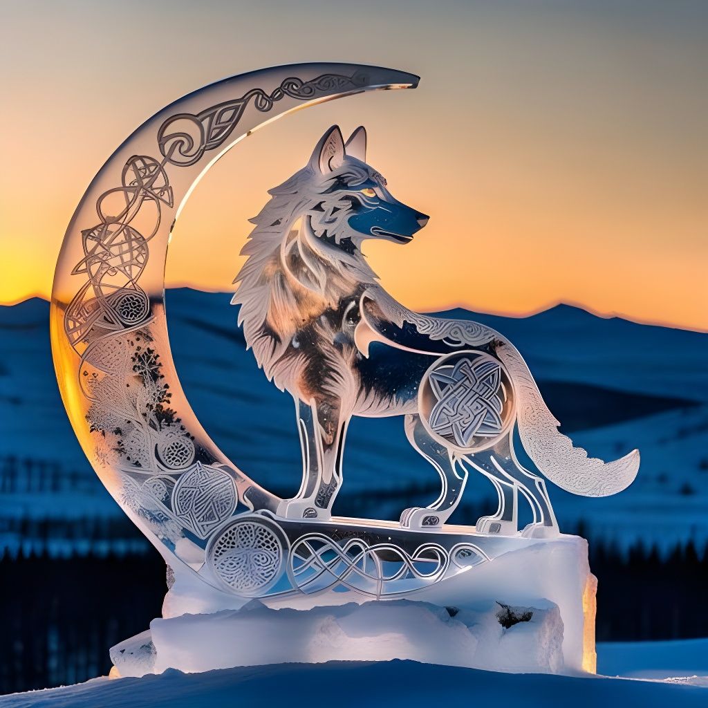 Wolf Ice Sculpture with Celtic Tattoos