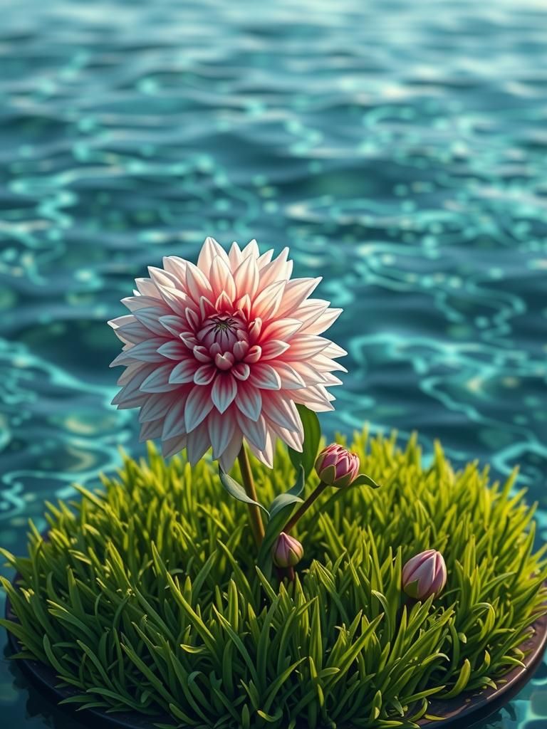 Pink Dahlia on Island in Digital Illustration