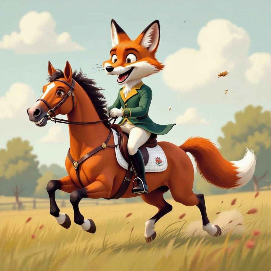 Whimsical Fox Hunter Caricature in Arthur Rackham Style