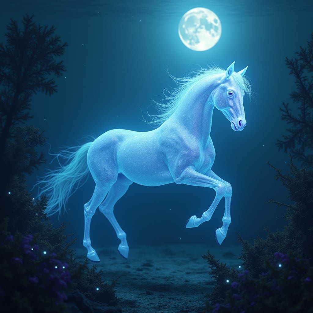 Ethereal Spirit Horse in Bioluminescent Kelp Forest
