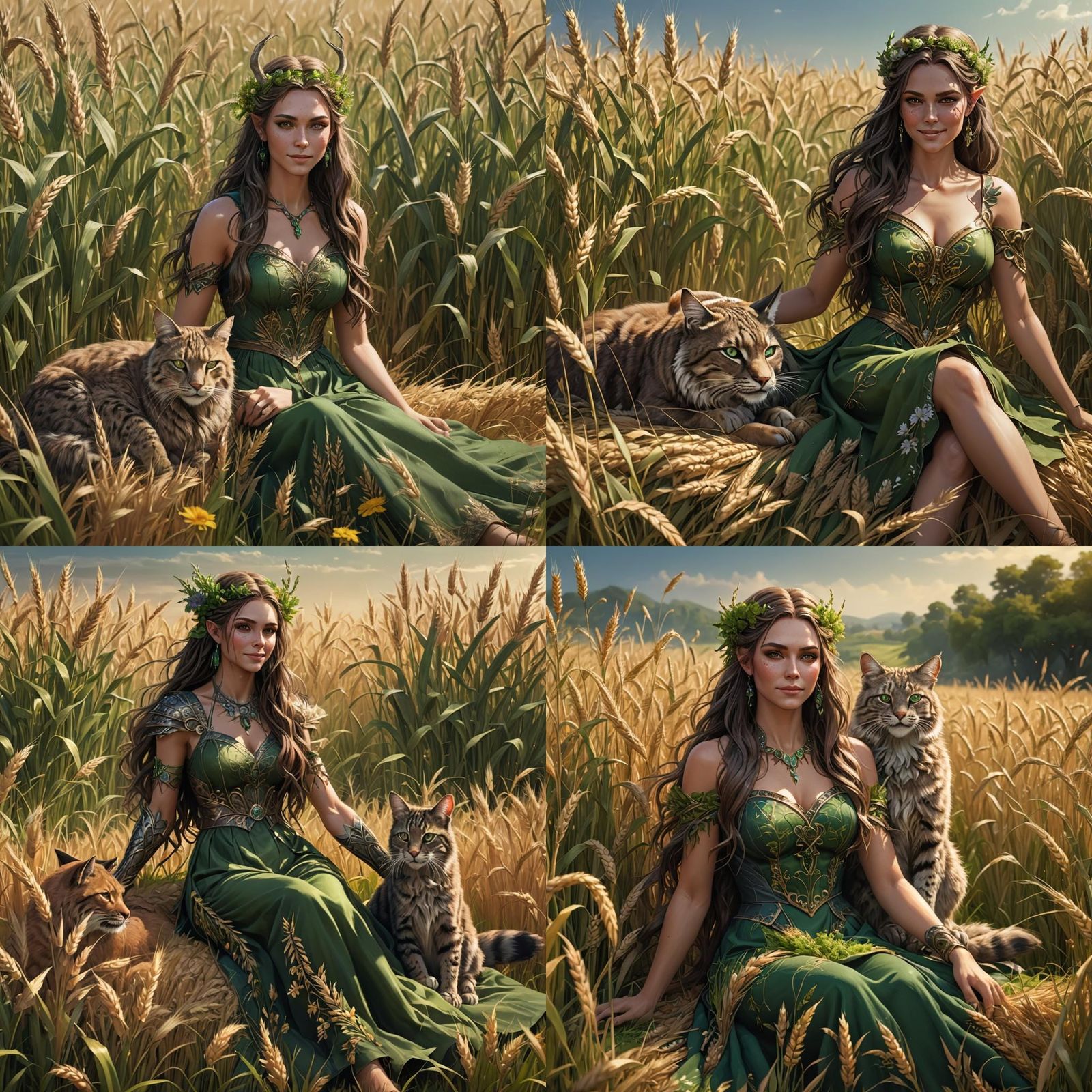 Half-Dryad in Wheat Field with Bobcat: Fantasy Art