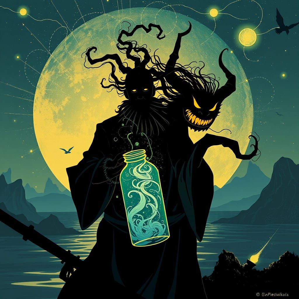 Whimsical Fantasy Illustration of a Fisherman and a Fierce J...