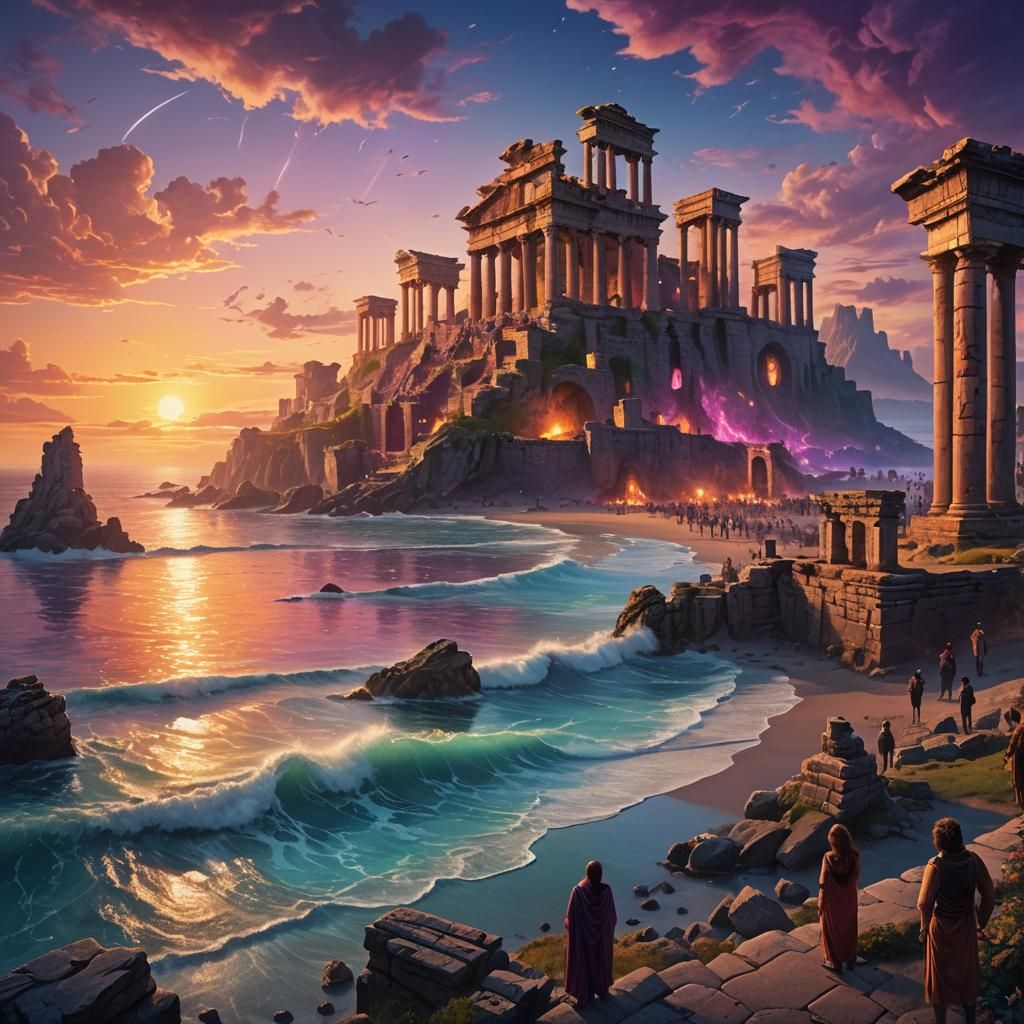 Coastal Ruins Merge in Sunset Celebration: Matte Painting