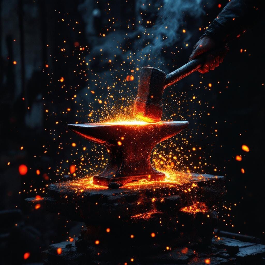 Red-Hot Metal Forged on Anvil: Dramatic Fantasy Art