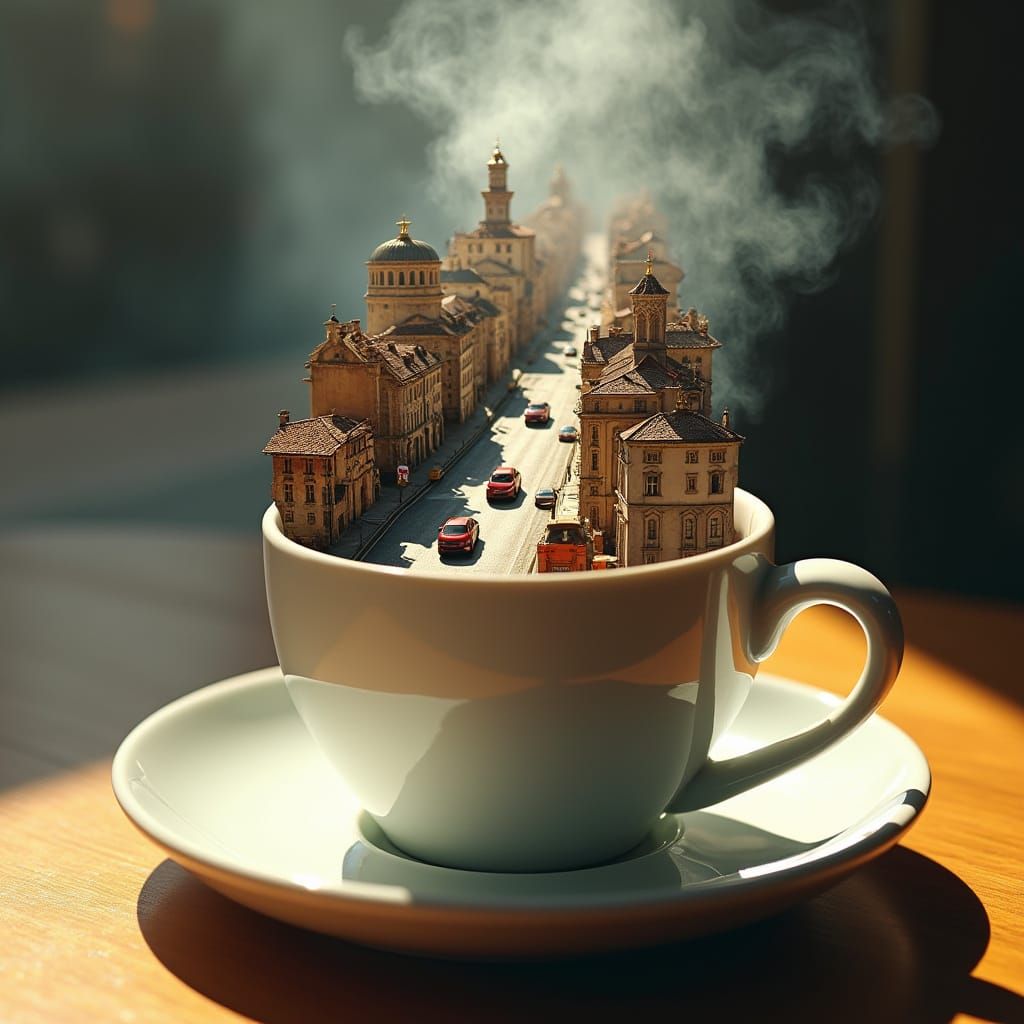 Surreal Coffee Cityscape in a Double-Exposure