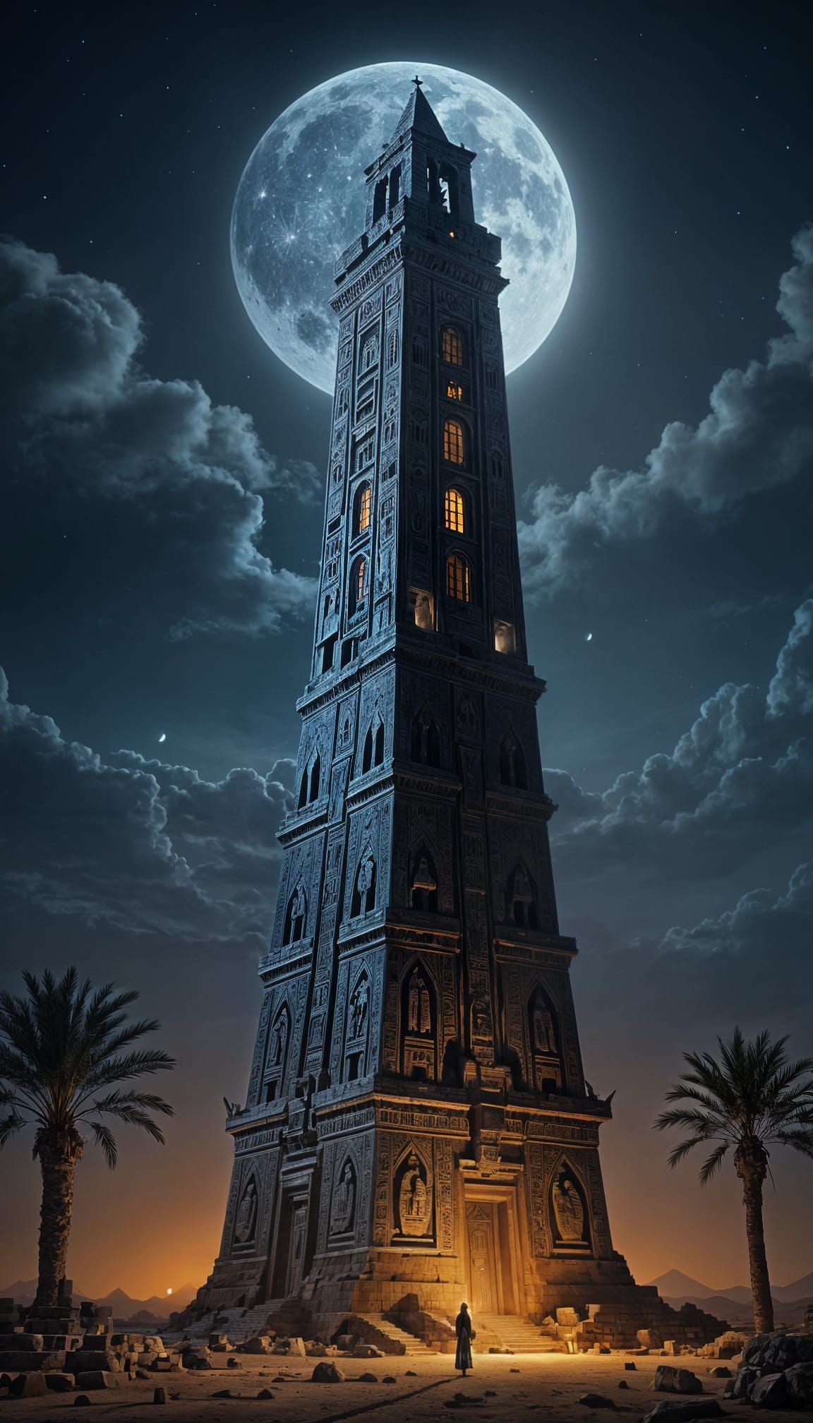Ancient Egyptian Tower Illuminated by Moonlight