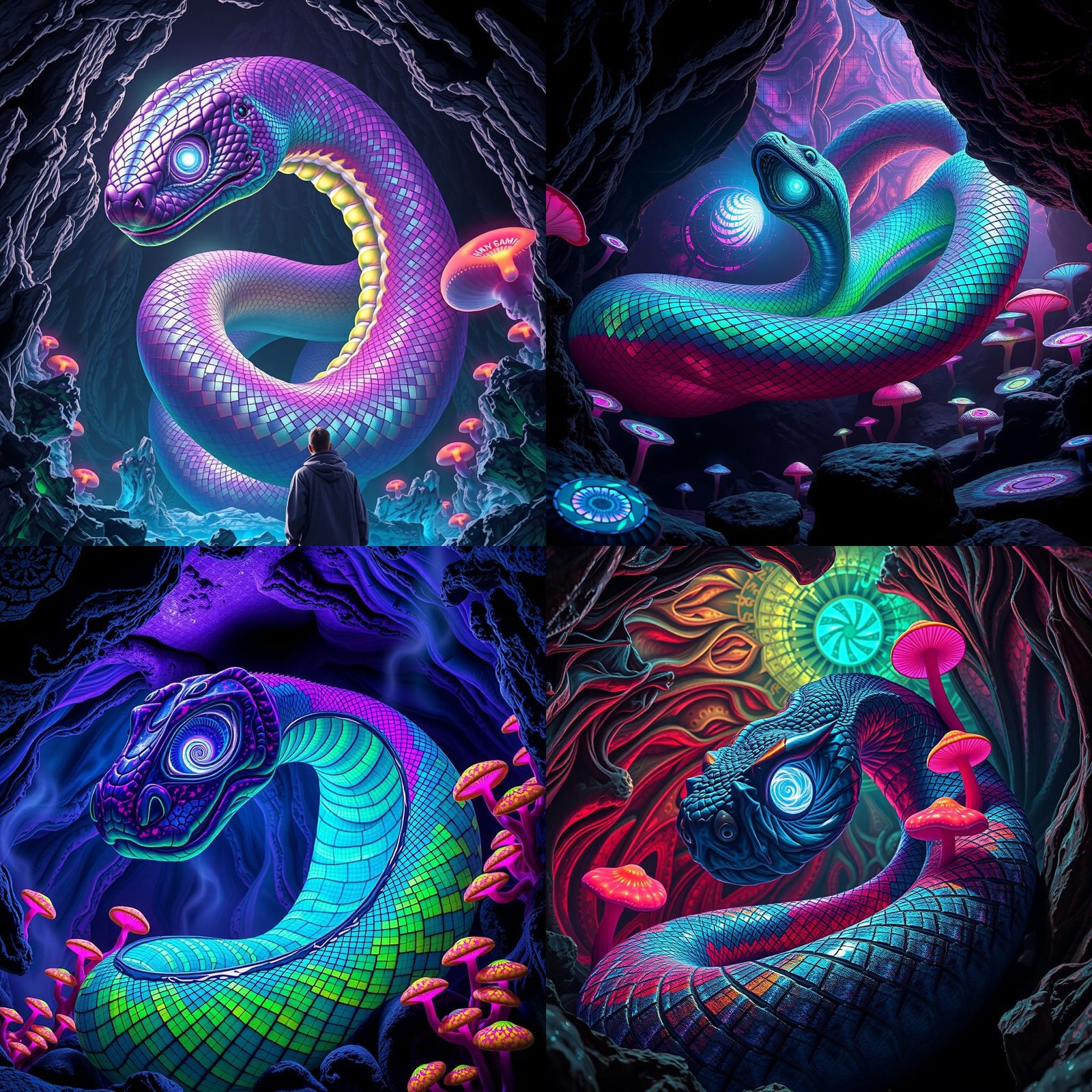 Psychedelic Serpent Coils in Bioluminescent Cavern