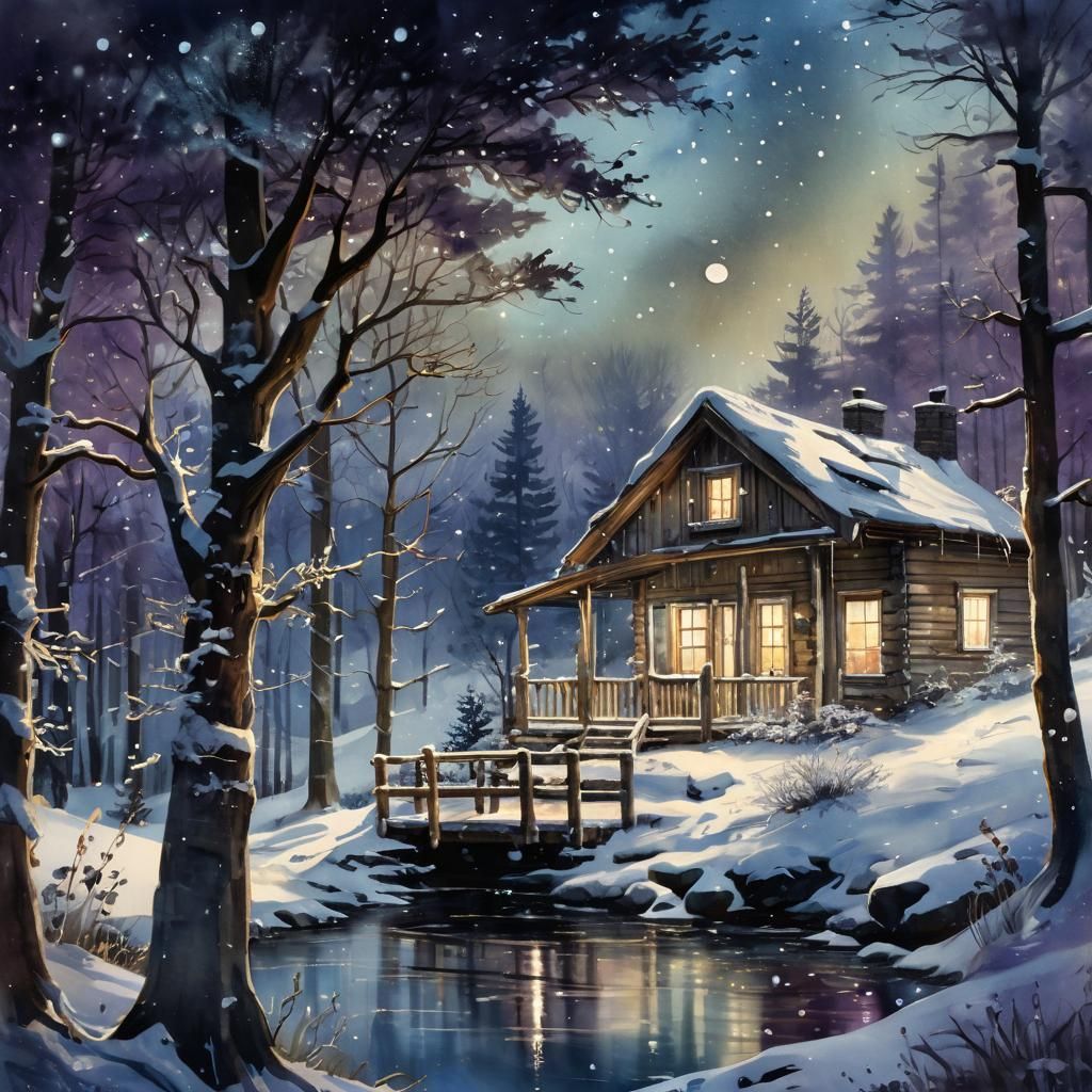 Snowy Victorian Cabin in Watercolour Winter Landscape