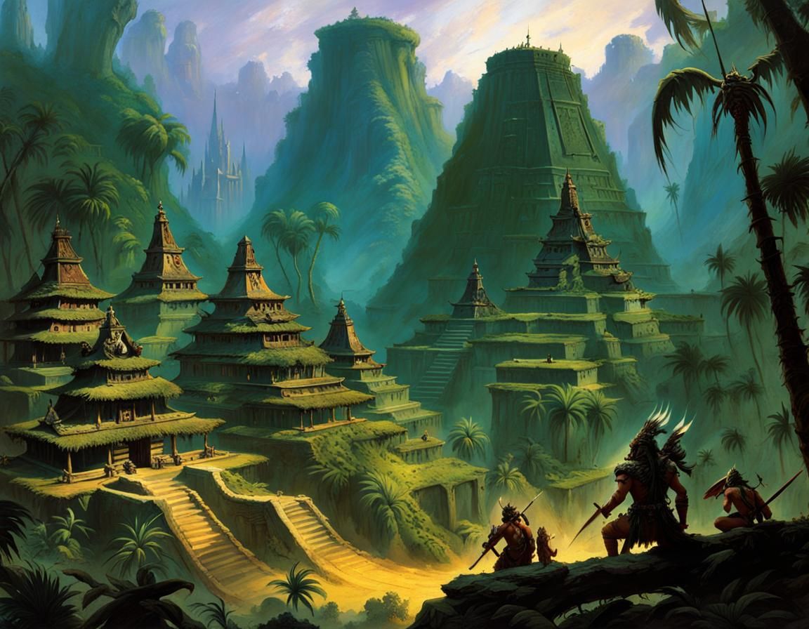 Dark Fantasy Lizardfolk Village with Aztec Architecture