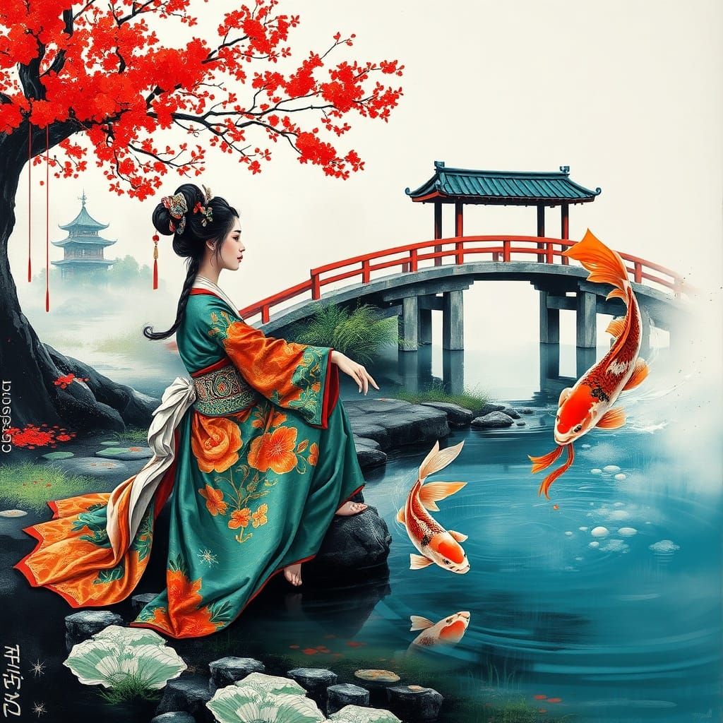 An oiran watching a carp jump